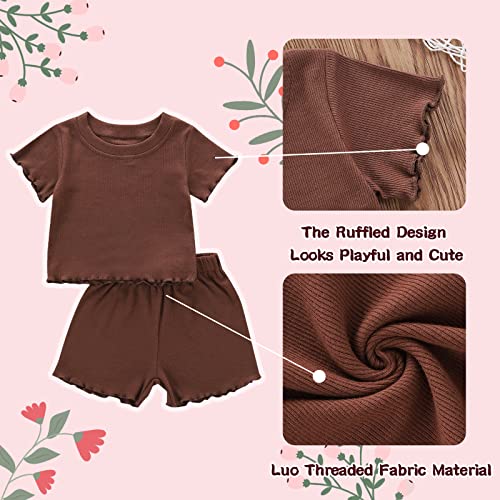 Image of Toddler Girl Clothes Summer Outfit Short Sleeve Shorts Set 12M-5T | Soft ribbed knit toddler girl outfit with breathable fabric, ruffle top, comfy shorts and stretchy fit for summer daily wear.