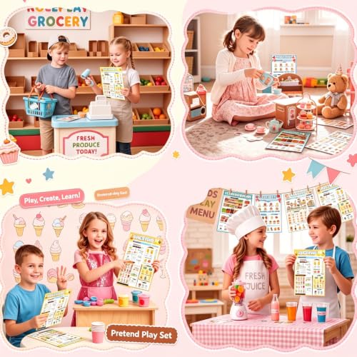 Image of Eaasty 12 Pack Kids Pretend Play Notepads 4x12 Inch,Food | 6 Career Themes Dental Police Vet Makeup Restaurant, 40 Pages per Notepad for Toddlers Imaginative Activity and Learning