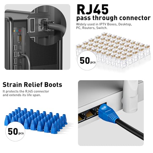 Image of Ethernet crimping tool kit RJ45 crimp tool, Cat5 Cat6 Pass Through Crimping Tool for Network Cable Tester, Multiply Stripper, 50PCS Cat 6 Pass Through Connectors and Strain Relief Boots