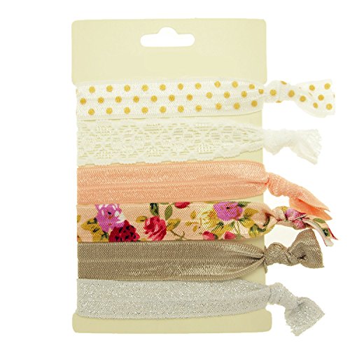 Hair Ties Elastics Ouchless No Crease (Polka, Solid, Floral, Lace & glitter) - 6 Pack "White Floral"