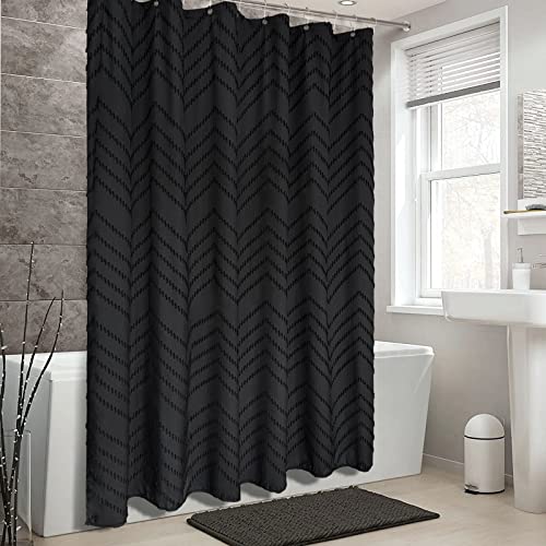 Black Boho Shower Curtain Modern Fabric Shower Curtain Shabby Chic Chenille Tufted Chevron Textured Striped Minimalist Shower Curtain 72 X 72 Inches #TOP4