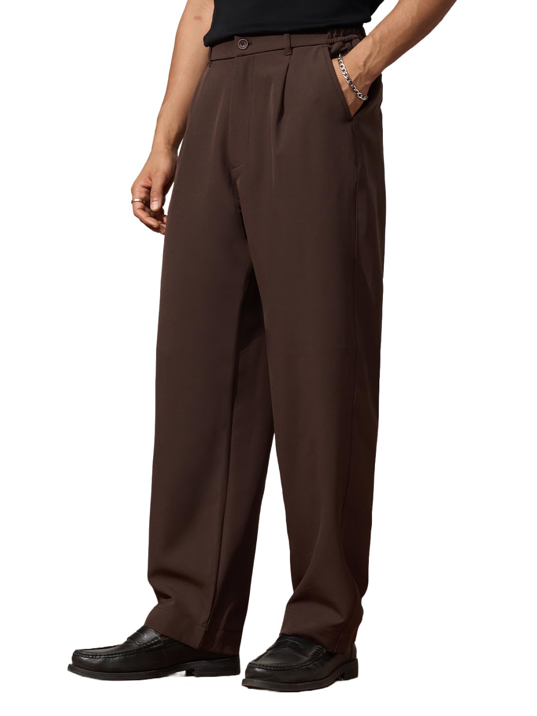 The Souled Store Korean Pants: Mens and Boys Solid Polyester Blend Straight Fit Lightweight Easy to Style Everyday Office Wear Pleated 4-Way Stretch Korean Pants in neutral