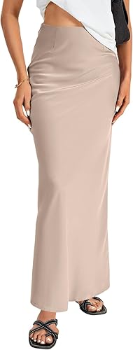 Vrtige Women's Satin Silky A Line High Waist Flowy Maxi Long Skirt Plain Khaki X