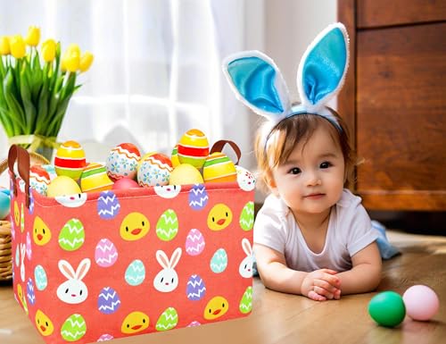 Image of Rectangle Empty Easter Baskets Boy Large Toy Storage Bin Girls collapsible Hamper Waterproof Canvas Box Kid Gifts Spring Decor( Yellow Chicken Rabbit Egg )