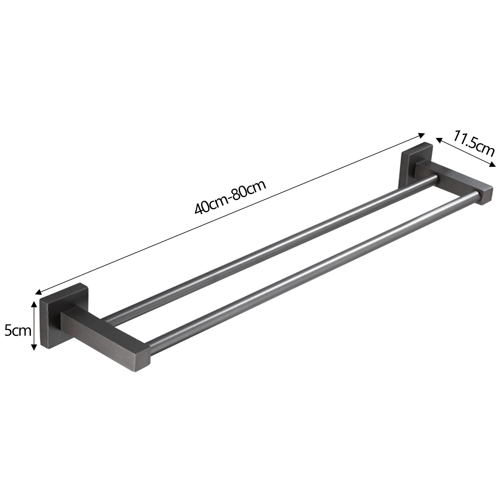 Wieszak na ręczniki ścienny, podwójny kwadratowy wieszak na ręczniki, aluminiowy wieszak na ręczniki do wyposażenia łazienkowego i kuchennego, opcjonalnie 40-80 cm (rozmiar: 80 cm)