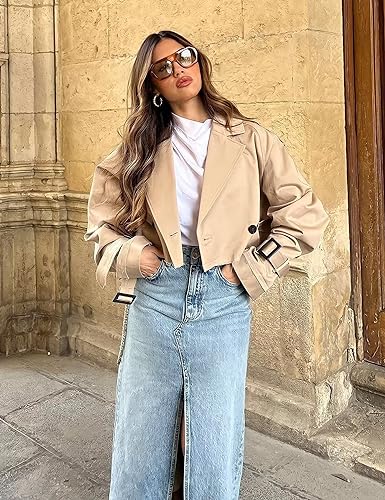 Faleave Womens Cropped Jacket Long Sleeve Belted Trench Coat Solid Color - Image 6