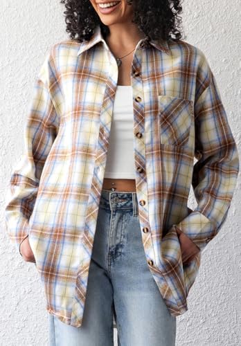 Image of CHYRII Womens Button Down Flannel Shirts Long Sleeve Plaid Shackets Business Casual Blouse Top