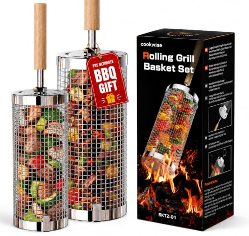 cookwise Rolling Grill Basket Upgraded 304 Stainless Steel Nesting Grilling Net Removable Wooden Handle BBQ Accessories Tools for Veg Prawns & Meat Camping Outdoor Cooking Gifts for men Dad