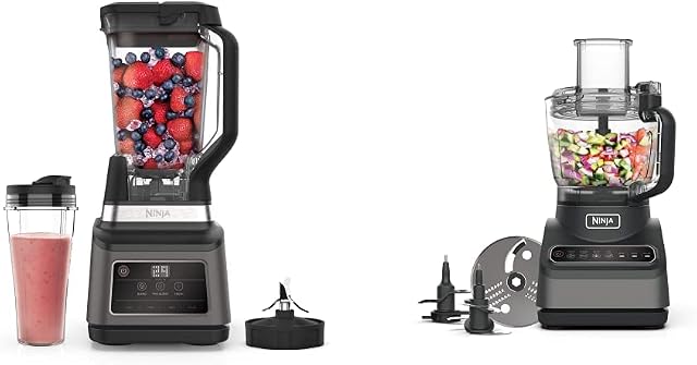 Ninja 2-in-1 Blender with Auto-iQ (BN750UK) 1200 W, 2.1 Litre Jug, 0.7 Litre Cup, Black/Silver & Food Processor with Auto-iQ [BN650UK] 850W, 2.1L Bowl, Silver