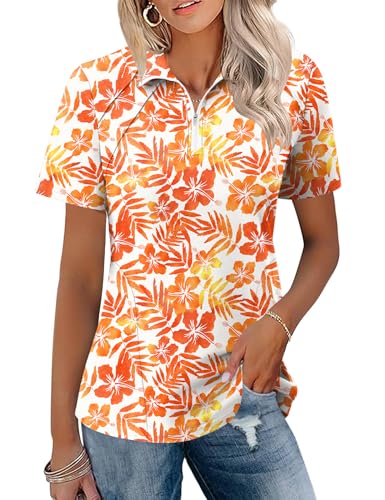 LOMON Womens Collared Golf Shirt Quick Dry Summer 1/4 Zipper Short Sleeve Curved Hem 2025 Fashion Casual Floral Polo Shirt (Orange Leaf,X-Large)