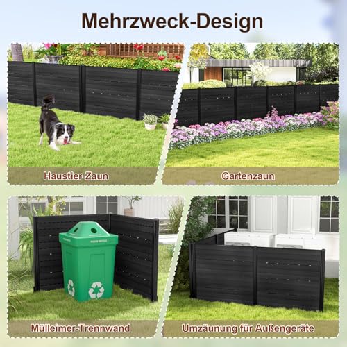 COSTWAY Gartenzaun 2-teilig, Zaun mit Pfosten & Schutzkappen, 115 cm hoch, Sichtschutzzaun aus HDPE, Steckzaun Zaunelementen, Freistehender dekorativer Zaun, Sichtschutz für Garten Terrasse, Schwarz