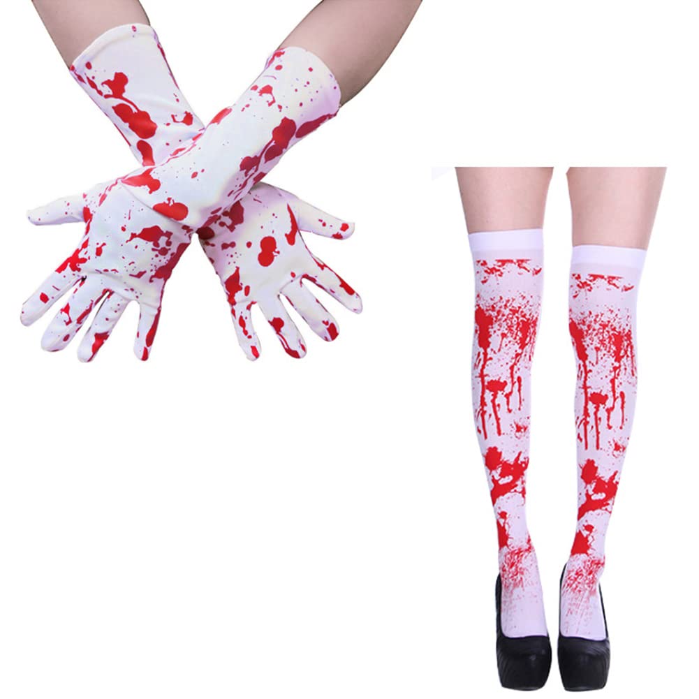 White Blood Stained Stockings and Halloween Blood Gloves, Elastic Bloody Socks, Fancy Dress Over Knee Zombie Schoolgirl Stockings, Hold Up Tights for Women