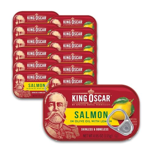King Oscar Skinless &amp; Boneless Salmon in Olive Oil Lemon, 4.05 oz, 12-Pk