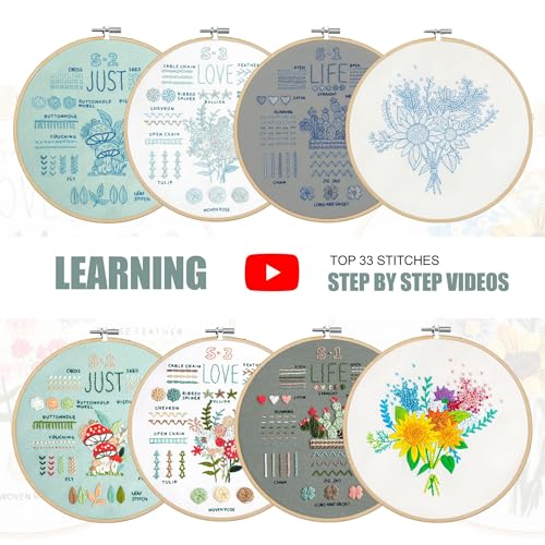 Image of LX LERMX Embroidery Kit for Beginners Adults, 34 Stitch Techniques with Floral Patterns, Complete DIY Kit with Stamped Patterns, Hoop, Colorful Threads, Tools (Pattern 2)