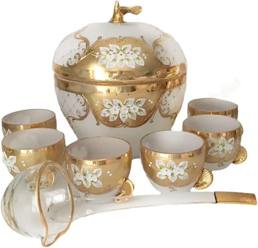 Bohemian Crystal SLAVIA Glassworks Hand Made High Enameled Painted Punch or Eggnog Set RED Color 8 pcs