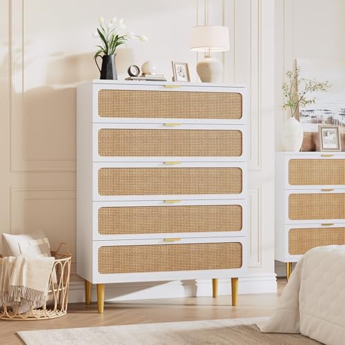 GarveeHome Rattan 5 Drawer Dressers for Bedroom, Tall Dresser with Deep Drawers, Large Chest of Drawers for Closet with Wide Top, Long Wooden Dresser for Living Room, Hallway, Kids Room, White