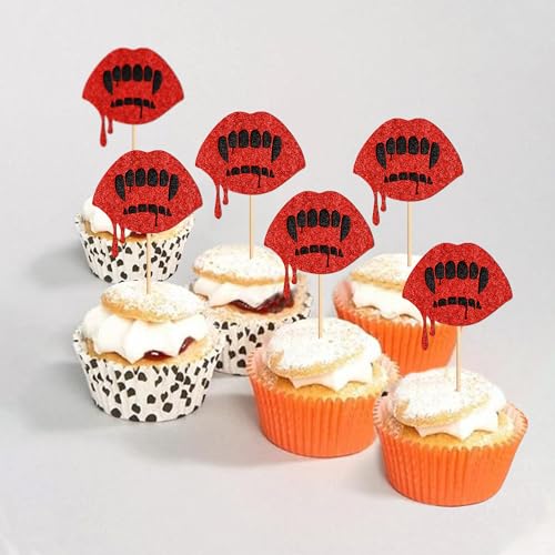 Ercadio 24Pcs Halloween Cupcake Toppers Glitter Red Vampire Teeth Cupcake Picks For Halloween Horror Movie Bloody Theme Birthday Party Cake Decorations Supplie thumb #3