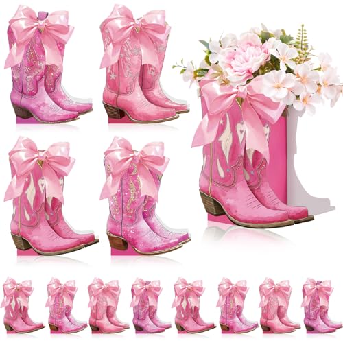 Image of 12 Set Pink Western Cowgirl Bow Boots Flower Boxes Centerpiece Boot Shape Gift Boxes Western Party Decoration Vase Centerpiece for Table Boots for Rodeo Birthday Baby Shower Wedding Supplies