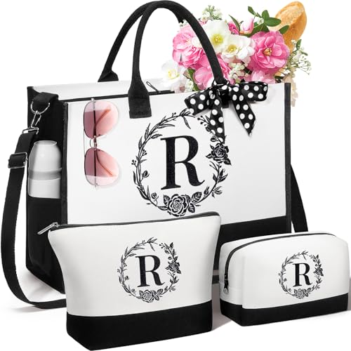 Image of Personalized Gifts for Women, Initial Canvas Tote Bag & Makeup Bag Monogrammed Beach Tote Bags for Women w / Zipper, Christmas Birthday Gifts for Mom Wife Girlfriend Sister Best Friend Daughter Teacher