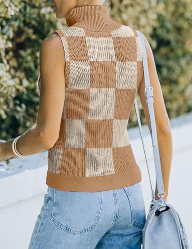 Image of Womens Sleeveless Sweater Vest Turtleneck Ribbed Knit Tank Tops Basic Slim Fit Top, Small, Plaid Khaki