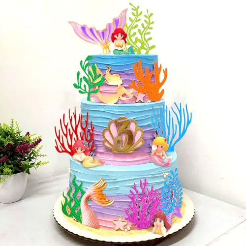 LaVenty Little Mermaid Cake Topper Under the Sea Cake Decoration Seashell Cake Topper Mermaid Tail Cake Topper Mermaid Party Supplies