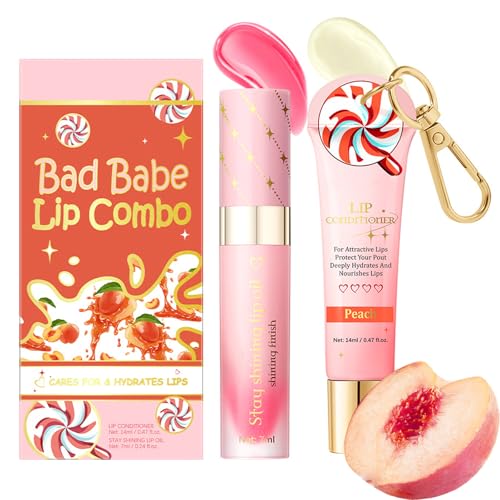 Image of Lip Conditioner & Lip Oil Set - Moisturizing Natural Lip Gloss Set for Daily Use - Lip Care Duo Set for Chapped & Dry Lips - Lip Balm Gift Set for Women Girls,Ideal Festival Gift(Peach Flavor)
