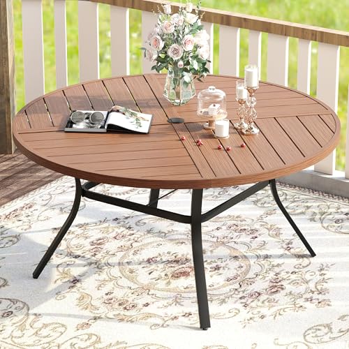 Image of VICLLAX Round Patio Table with Adjustable Umbrella Hole for 8, All Weather Metal Outdoor Dining Table for Lawn Garden, 53.1 inch Outdoor Coffee Table, Walnut Wood-Like Tabletop