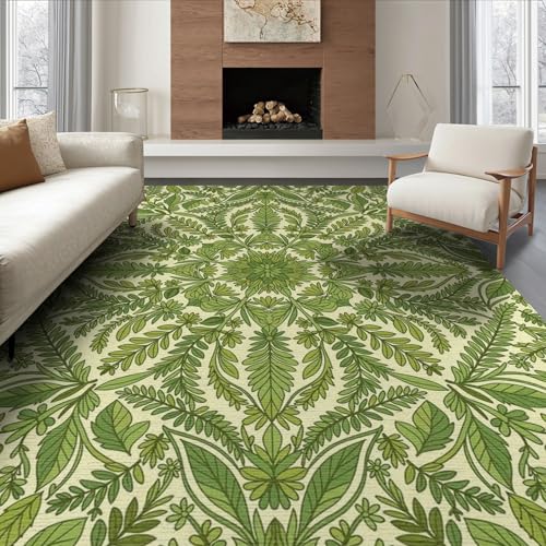 ODIKA 6'x9' Washable Contemporary Botanical Area Rug, Green Foldable Non-Slip Large Carpet Foldable Easy Care Carpet for Queen Size Bedroom, Under Bed, Master Bedroom | Ref:2001470