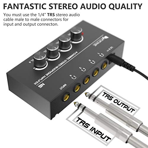 Fifine Headphone Amplifier 4 Channels Metal Stereo Audio Amplifier,Mini Earphone Splitter with Power Adapter-4x Quarter Inch Balanced TRS Headphones Output and TRS Audio Input for Sound Mixer-N6 - Thumbnail 3