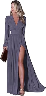 Long Sleeve Chiffon Bridesmaid Dresses for Women with Slit V-Neck Wedding Guest Formal Evening Gown