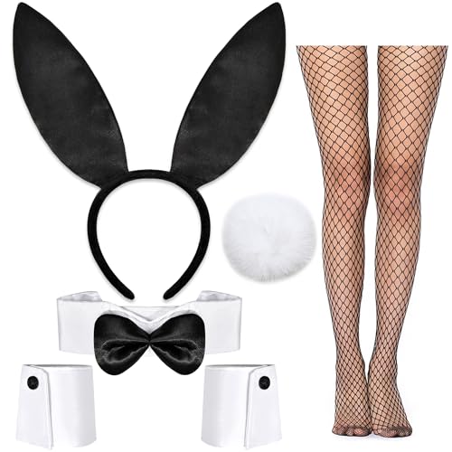 Itscolofy 6 Pcs Bunny Costume Set Black Bunny Ears Headband Bow Tie Cuffs Rabbit Tail Mesh Tights Stockings for Halloween Costume Cosplay Party