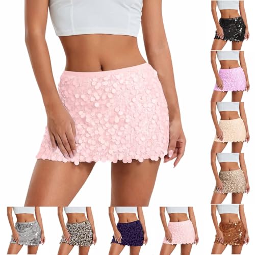 Falda con purpurina para mujer, sexy, con lentejuelas, de cintura baja, vestido corto con purpurina, para fiesta de baile, club, falda corta, 1-rosa, L