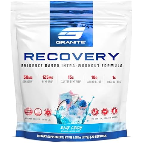 Granite Recovery for Intra & Post Workout |10g Aminos, Electrolytes, Cluster Dextrin for Muscle Recovery & Growth | Amino Acids Supplement with Sensoril | 20 Servings | Blue Crush Flavor Cover