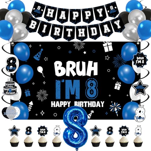 Vlipoeasn 8th Birthday Decorations Set for Boys Girls 35PCS Black Blue 8 Year Old Birthday Backdrop Banner Bruh Im 8 Party Supplies