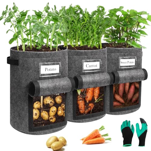 Airminti 3-Pack 10 Gallonen Kartoffel Pflanzsack Pflanzbeutel mit Stabilen Griffen und Visualized Flap Verdickte und Atmungsaktive Vliestöpfe mit Gartenhandschuhe für Tomaten Kartoffeln