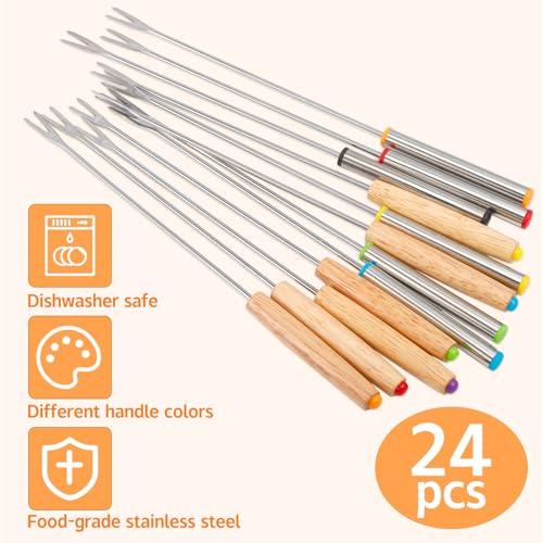 CACASO 24 Pack Stainless Steel Fondue Forks,12 Wood Handles and 12 Stainless Steel Handles,9.4 Inch Color Coding Fondue Sticks with Heat Resistant Handle for Chocolate Fountain Cheese Marshmallows