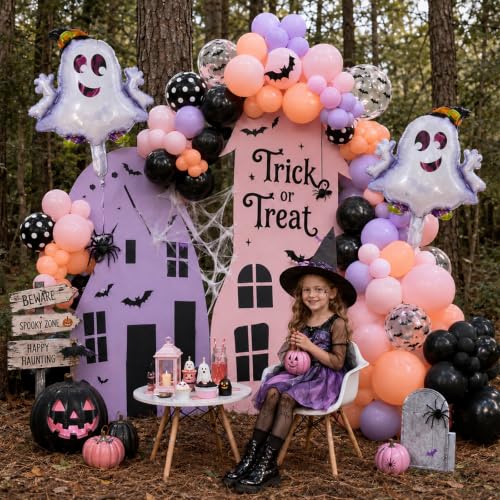 Image of Halloween Party Balloons Black Purple Pink with Bat Ghost Balloons | Pastel Halloween,Ghouls Night Decor,Girls Spooky One,Cute Birthday Party,Baby Shower Decorations