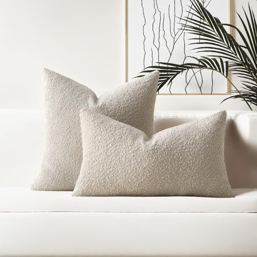 HAUSSY Pack of 2 Pillow Covers 16x16 Inch, Boucle Decorative Throw Pillows Soft Boho Neutral Cushion Covers Home Decor Modern Pillow Cases for Couch Living Room Sofa Bed, Beige (Covers Only) by HAUSSY - Used condition - Image 2