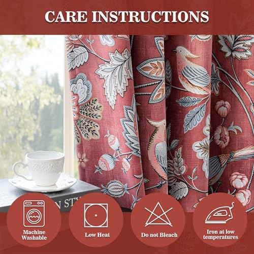 Image of MYSKY HOME Terracotta Boho Floral Blackout Curtains 84 inch Long for Living Room Darkening Thermal Insulated Vintage Farmhouse Bedroom Curtain with Flower Bird Patterned Grommet Drape, 2 Pcs, 52 inchx 84 inch