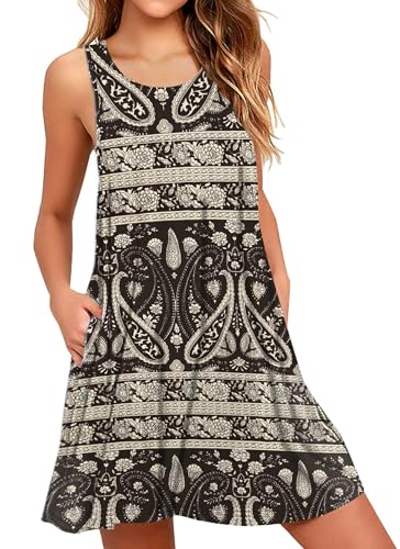 AUSELILY Boho Kleid Damen Kurz Urlaub Midi Ärmellos Swing Sommerkleid Mit Taschen Boho Schwarz,XL