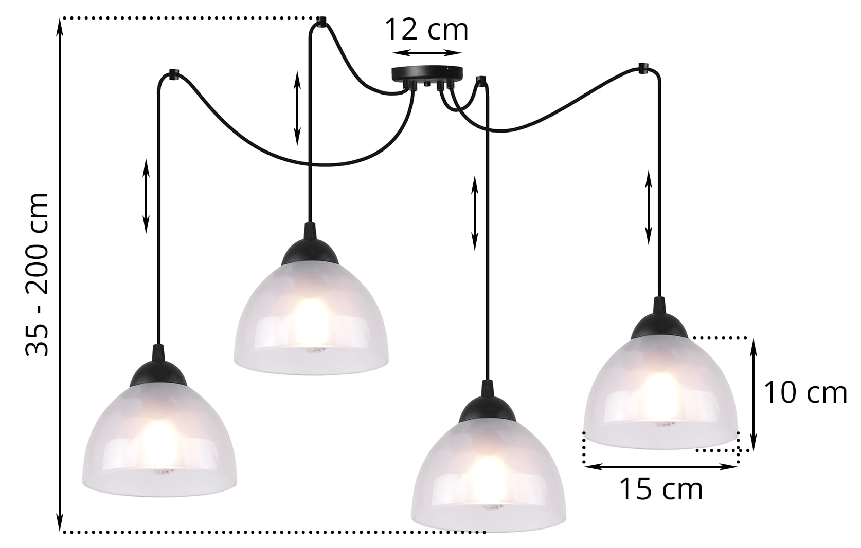 Light-Home Venice Pająk wiszący żyrandol - Nowoczesna lampa na sufit do sypialni salonu i kuchni w stylu loft nowoczesny - metal - E27 z 4 punktami światła - klosz szkło mleczne