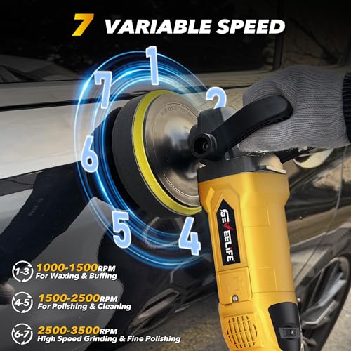 Image of GEVEELIFE Buffer Polisher, 6 Inch /7 Inch 1600W Rotary Car Buffer Polisher Waxer, 7 Variable Speed 1000-3500 RPM, Detachable Handle for Car, Boat Sanding, Polishing, Waxing(Yellow)