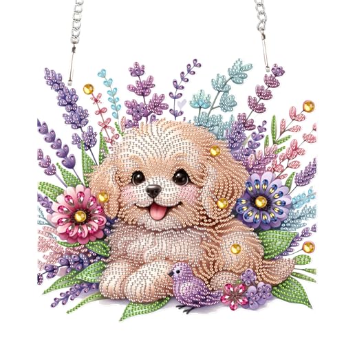 Image of AiYuanzsh 5D Diamond Painting Hanging Pendant Kit with Chain, Cute Dog DIY Crystal Rhinestone Diamond Art Suncatcher Ornament for Window, Door, Wall, Home Decor Gift (25.2x23.8 cm)