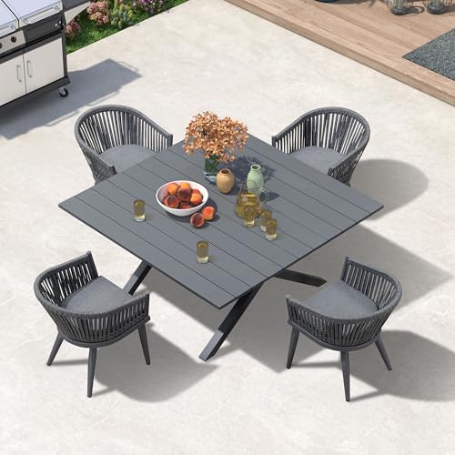 Image of PURPLE LEAF 5 Pieces Oversized Square Outdoor Dining Set with Patio Aluminium Dining Table and Wicker Chairs Modern Furniture Cushions Sets for Backyard Indoor Decor Kitchen Gray