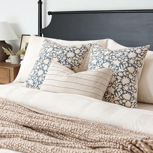Image of Foindtower Set of 2 Decorative Neutral Floral Throw Pillow Covers Accent Farmhouse Cushion Covers Boho Vintage Pillowcase for Couch Sofa Bedroom Living Room Home Decor,24x24 Inch,Dusty Blue