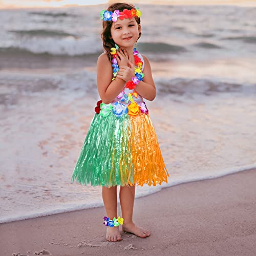 Fortuning's Jds Girl's Hawaiian Hula Grass Skirt Double Color Matching Elastic Flowers Costume Set For Luau Tropical Beach Party Kids Dancing(Straw+Green,5Pcs) #TOP6