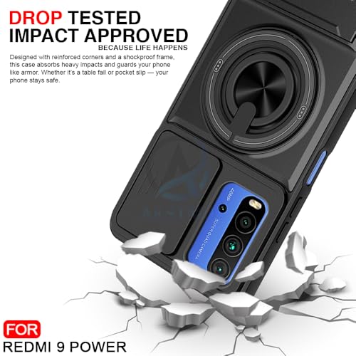 Image of AESTMO Redmi 9 Power /Poco M3 Back Cover | Armor Camera Slider 360 Degree Rotating Finger Ring Holder Case with Bracket Stand Back Case Cover (Compatible with MagSafe Accessories) (Black)