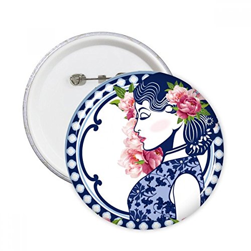 Culture chinoise fleur pins pour vêtements : set de 5 badges ronds déco multicolores XXL