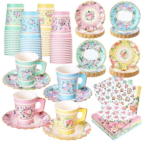 SUMMORO 180 Pcs Floral Paper Tea Cups and Plates...
