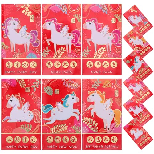 BCOATH Enveloppes Rouges Chinoises du Nouvel An 2026 – 48 Pièces Motifs Cheval Papier Épais Format Standard Poche pour Argenté Liquide – Fournitures pour Festival du Printemps et